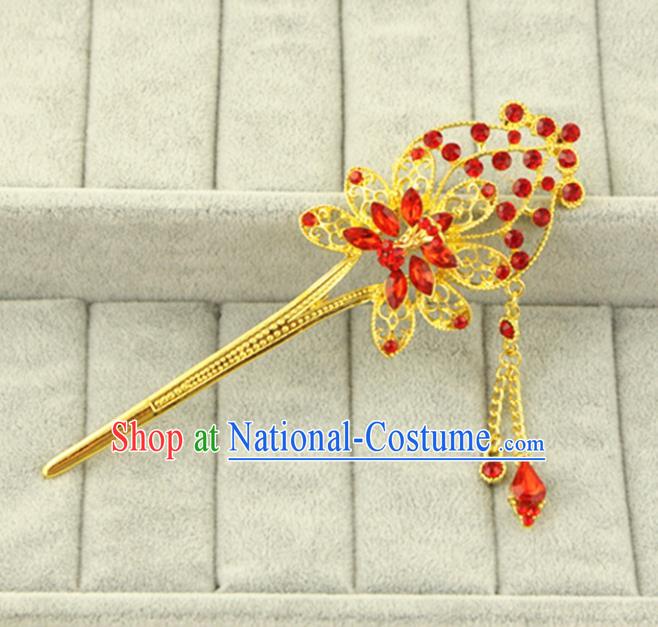 Asian Chinese Handmade Classical Hair Accessories Bride Red Crystal Hanfu Hairpins for Women