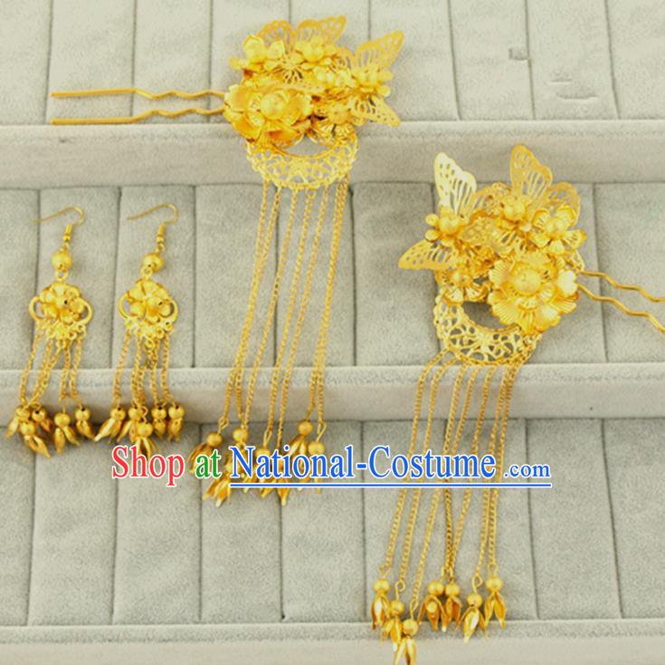 Asian Chinese Handmade Classical Hair Accessories Bride Hanfu Golden Hairpins and Earrings for Women