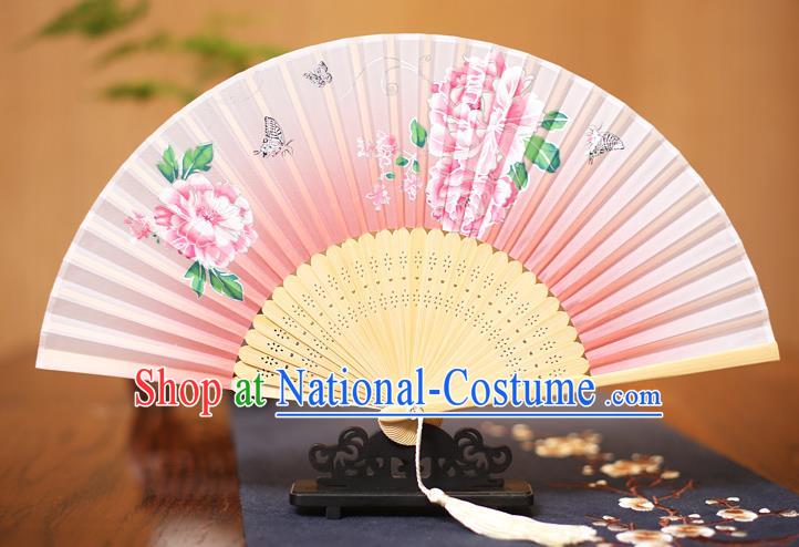 Traditional Chinese Crafts Printing Peony Pink Folding Fan, China Sensu Paper Fans for Women