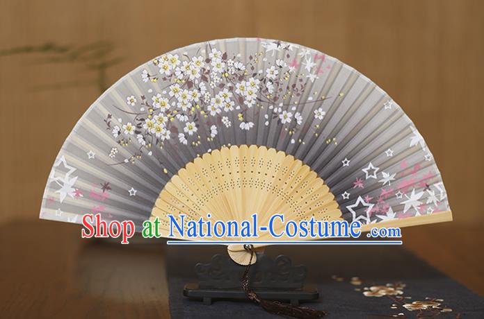 Traditional Chinese Crafts Printing Flowers Grey Folding Fan, China Sensu Paper Fans for Women