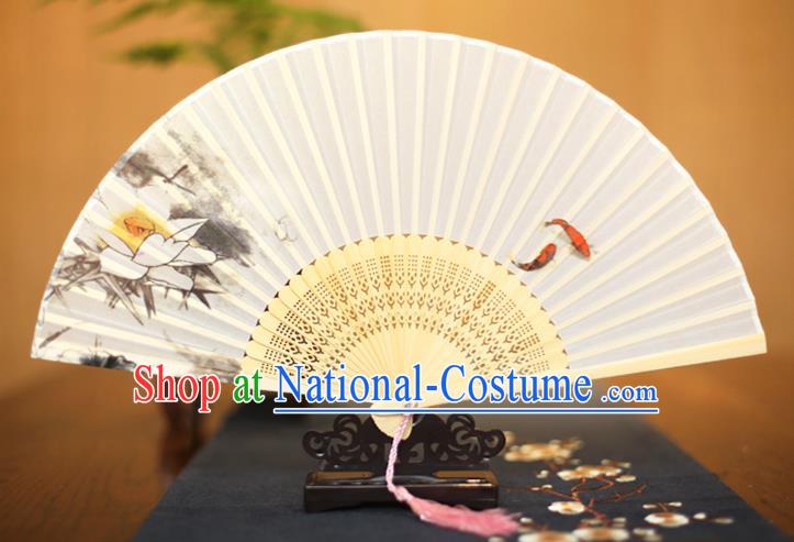 Traditional Chinese Crafts Printing Lotus White Folding Fan, China Sensu Paper Fans for Women