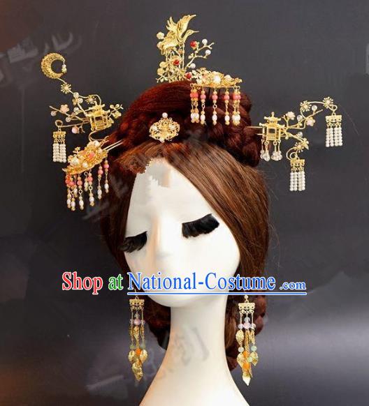 Asian Chinese Ancient Handmade Classical Hair Accessories Hairpins Xiuhe Suit Headdress Complete Set for Women