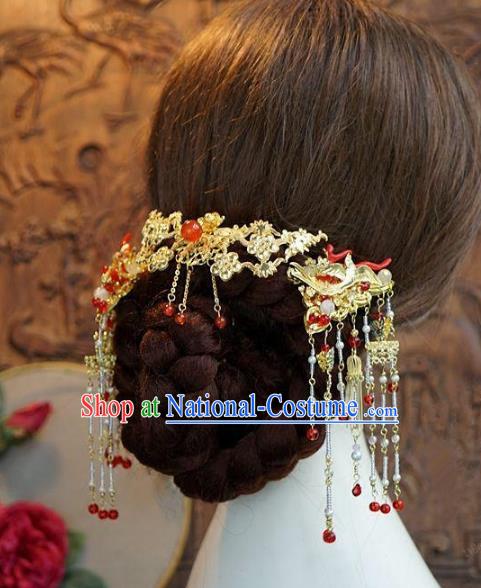 Asian Chinese Ancient Handmade Classical Hair Accessories Hairpins Tassel Step Shake Xiuhe Suit Headdress for Women