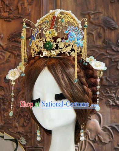 Asian Chinese Ancient Handmade Classical Hair Accessories Hairpins Blueing Phoenix Coronet Xiuhe Suit Headdress for Women