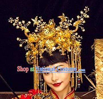 Chinese Handmade Classical Luxurious Hairpins Hair Accessories Ancient Bride Golden Phoenix Coronet for Women