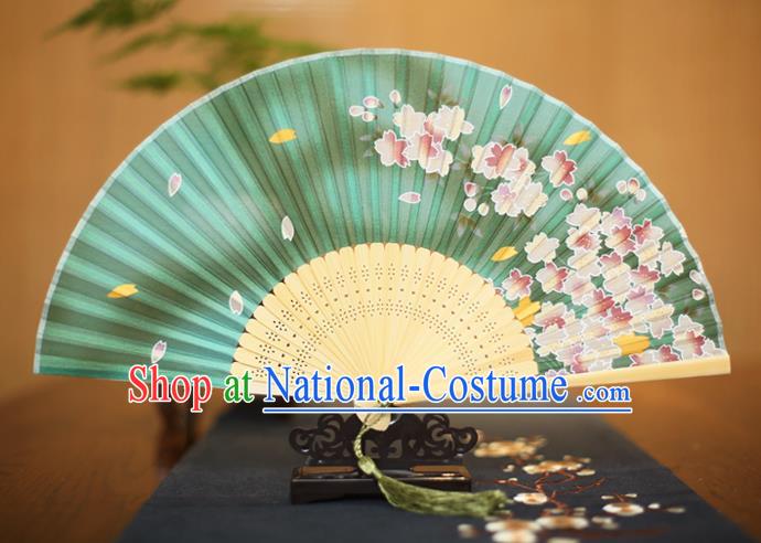 Traditional Chinese Crafts Printing Flowers Green Folding Fan, China Sensu Paper Fans for Women