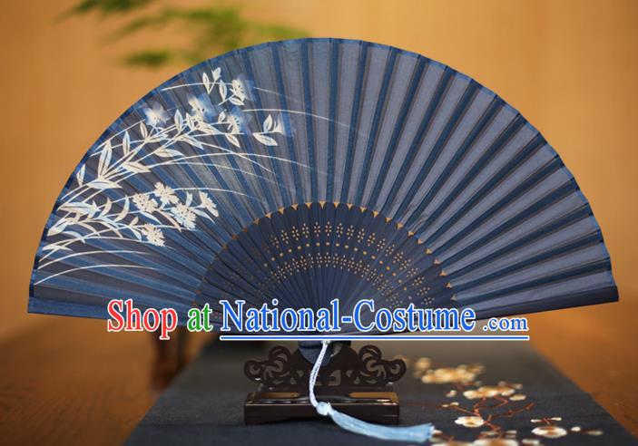 Traditional Chinese Crafts Printing Orchid Blue Folding Fan, China Sensu Paper Fans for Women