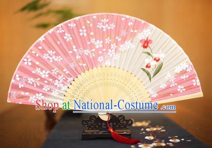 Traditional Chinese Crafts Printing Sakura Pink Folding Fan, China Sensu Paper Fans for Women