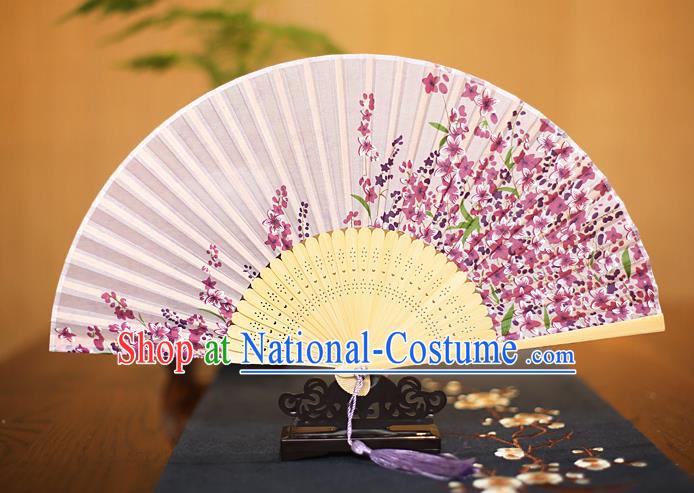 Traditional Chinese Crafts Printing Flowers Lilac Folding Fan, China Sensu Paper Fans for Women