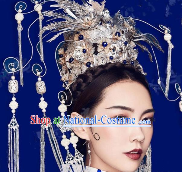 Asian Chinese Handmade Classical Hair Accessories Tassel Phoenix Coronet Bride Hanfu Hairpins Headwear for Women