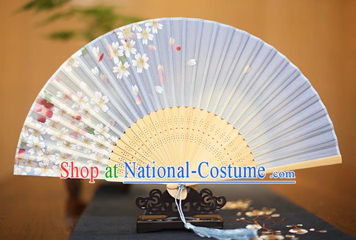 Traditional Chinese Crafts Printing Flowers Blue Folding Fan, China Sensu Paper Fans for Women