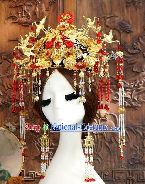 Chinese Ancient Handmade Classical Wedding Hair Accessories Exaggerated Phoenix Coronet Xiuhe Suit Bride Hairpins for Women