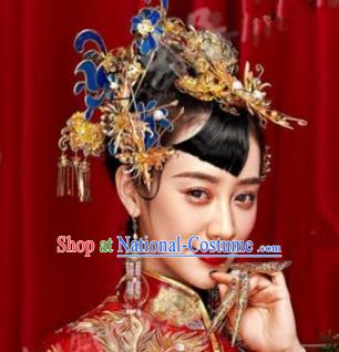 Asian Chinese Handmade Classical Hair Accessories Bride Xiuhe Suit Blueing Hairpins Complete Set for Women