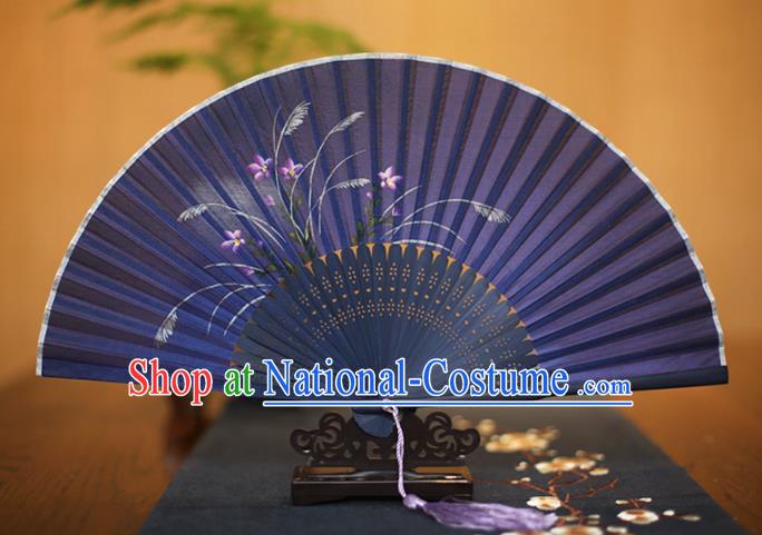 Traditional Chinese Crafts Printing Orchid Blue Folding Fan, China Sensu Paper Fans for Women