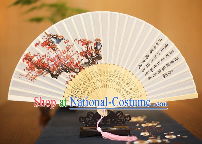 Traditional Chinese Crafts Printing Plum Blossom White Folding Fan, China Sensu Paper Fans for Women