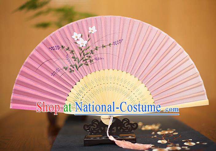 Traditional Chinese Crafts Printing Orchid Pink Folding Fan, China Sensu Paper Fans for Women