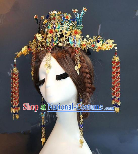 Chinese Ancient Handmade Classical Wedding Hair Accessories Xiuhe Suit Blueing Phoenix Coronet Headwear Hairpins for Women