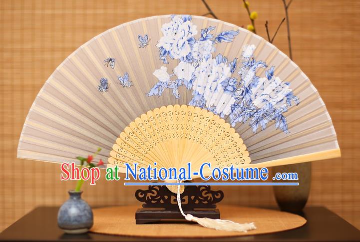 Traditional Chinese Crafts Printing Peony White Folding Fan, China Sensu Paper Fans for Women