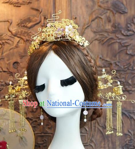 Chinese Handmade Classical Hair Accessories Ancient Palace Lady Golden Phoenix Coronet Hairpins for Women