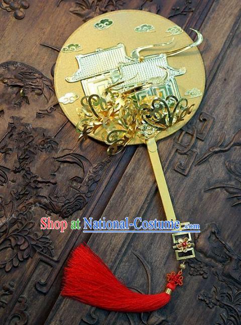 Chinese Handmade Classical Stage Performance Golden Fans Ancient Palace Lady Round Fans for Women