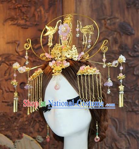 Chinese Ancient Handmade Classical Wedding Hair Accessories Xiuhe Suit Crane Phoenix Coronet Hairpins for Women