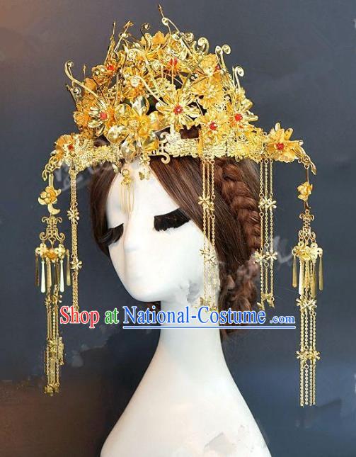 Chinese Handmade Classical Hair Accessories Ancient Hairpins Bride Golden Tassel Phoenix Coronet for Women