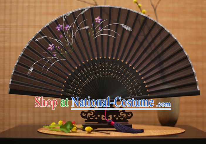 Traditional Chinese Crafts Printing Orchid Black Folding Fan, China Sensu Paper Fans for Women