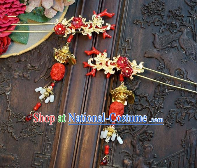 Chinese Handmade Classical Hair Accessories Ancient Hairpins Bride Red Hair Clip for Women