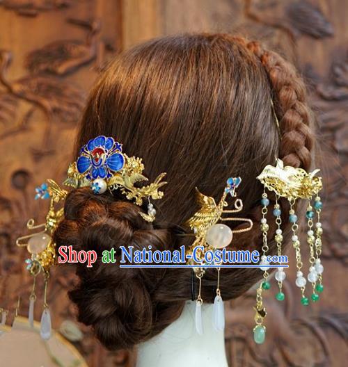 Chinese Ancient Handmade Classical Wedding Hair Accessories Xiuhe Suit Blueing Hairpins Complete Set for Women