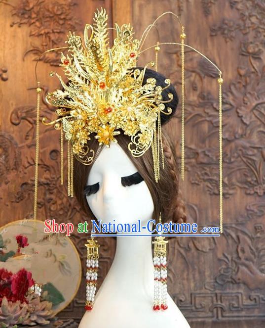 Chinese Ancient Handmade Classical Wedding Hair Accessories Xiuhe Suit Golden Phoenix Coronet Hairpins Complete Set for Women