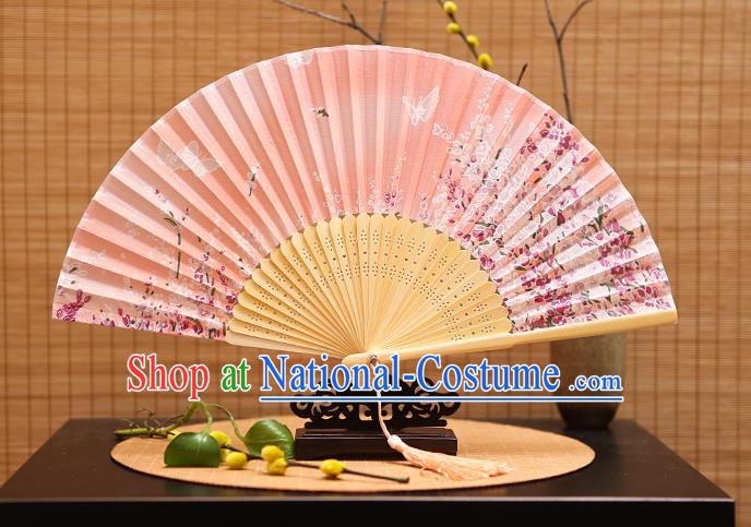 Traditional Chinese Crafts Printing Flowers Butterfly Pink Folding Fan, China Sensu Paper Fans for Women