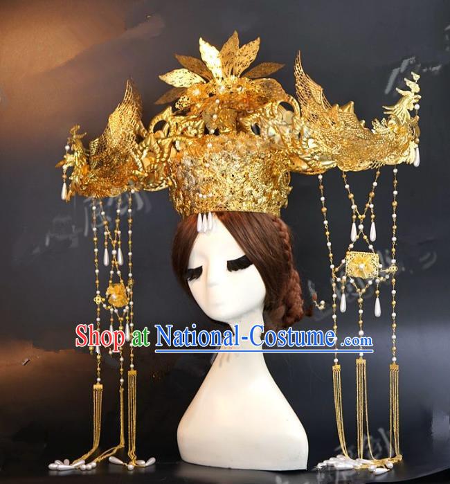 Chinese Ancient Handmade Classical Wedding Hair Accessories Xiuhe Suit Golden Phoenix Coronet Hairpins for Women