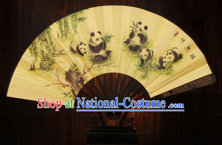 Traditional Chinese Crafts Printing Panda Folding Fan, China Sculpture Framework Silk Fans for Men