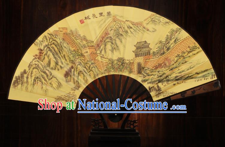 Traditional Chinese Crafts Printing Great Wall Folding Fan, China Sculpture Framework Silk Fans for Men