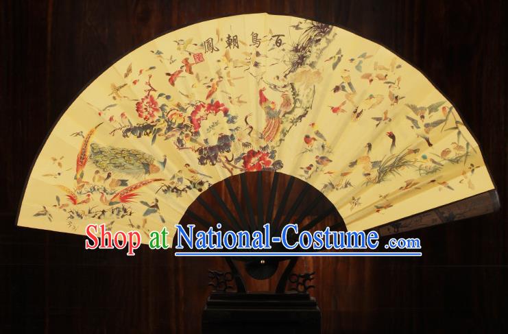 Traditional Chinese Crafts Printing Song of the Phoenix Folding Fan, China Sculpture Framework Silk Fans for Men