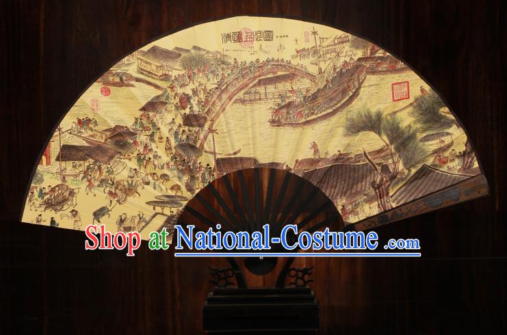 Traditional Chinese Crafts Printing Riverside Scene at Qingming Festival Folding Fan, China Sculpture Framework Silk Fans for Men