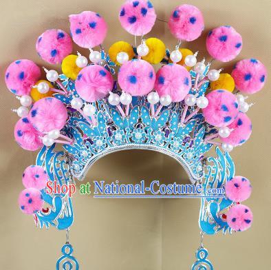 Chinese Beijing Opera Warriors Pink Venonat Headpiece, China Peking Opera Blues Helmet