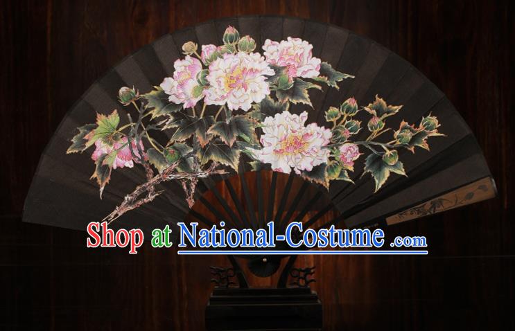 Traditional Chinese Crafts Printing Peony Black Folding Fan, China Sculpture Framework Silk Fans for Men