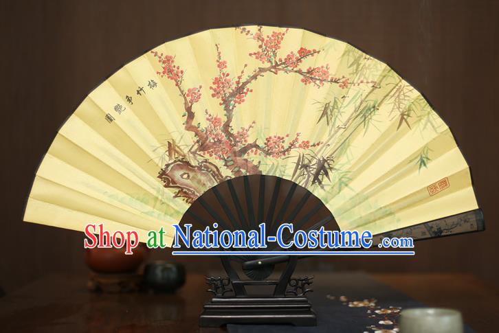 Traditional Chinese Crafts Printing Plum and Bamboo Folding Fan, China Sculpture Framework Silk Fans for Men