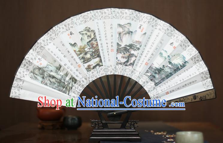 Traditional Chinese Crafts Printing Four Seasons Folding Fan, China Sculpture Framework Silk Fans for Men