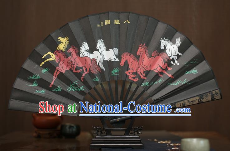 Traditional Chinese Crafts Printing Eight Horses Folding Fan, China Sculpture Framework Silk Fans for Men