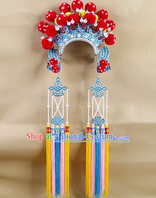 Chinese Beijing Opera Warriors Red Venonat Headpiece, China Peking Opera Blues Helmet