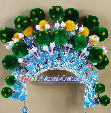 Chinese Beijing Opera Warriors Green Venonat Headpiece, China Peking Opera Blues Helmet