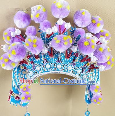 Chinese Beijing Opera Warriors Lilac Venonat Headpiece, China Peking Opera Blues Helmet