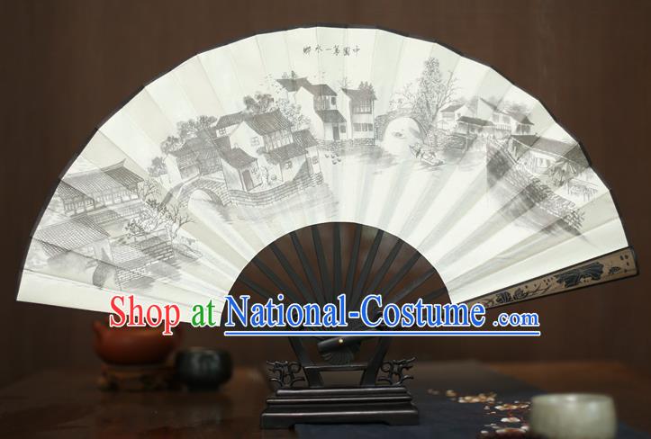 Traditional Chinese Crafts Printing Landscape White Folding Fan, China Sculpture Framework Silk Fans for Men