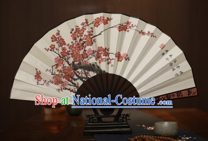 Traditional Chinese Crafts Printing Plum Blossom White Folding Fan, China Sculpture Framework Silk Fans for Men