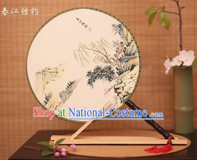 Traditional Chinese Crafts Printing Riverside Fishing White Round Fan, China Palace Fans Princess Silk Circular Fans for Women