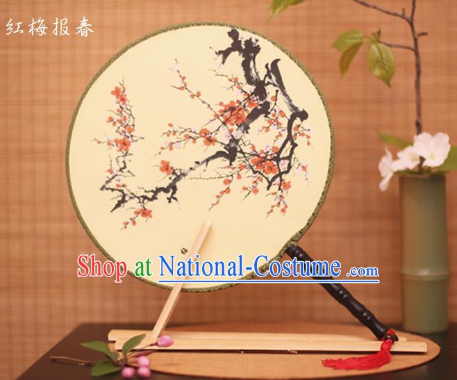 Traditional Chinese Crafts Printing Red Plum White Round Fan, China Palace Fans Princess Silk Circular Fans for Women