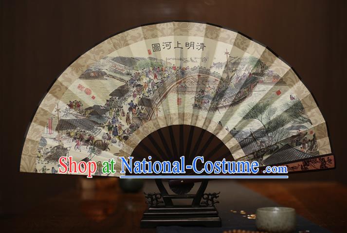 Traditional Chinese Crafts Printing Riverside Scene at Qingming Festival White Folding Fan, China Sculpture Framework Silk Fans for Men