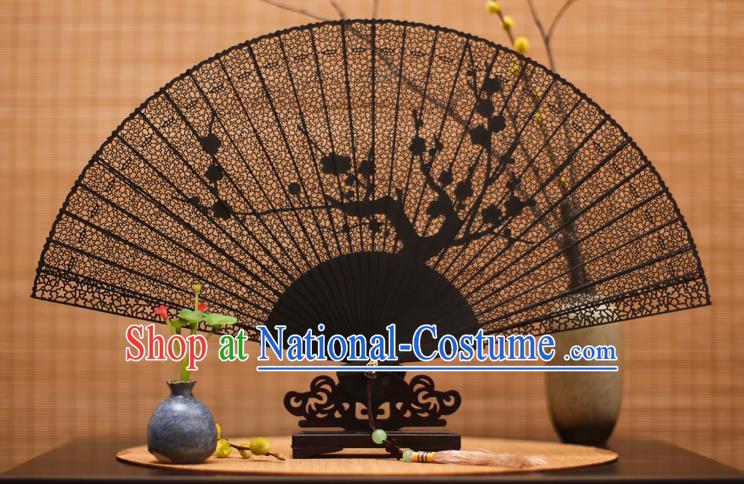 Traditional Chinese Crafts Ebony Folding Fan Carving Wintersweet Sandalwood Fans for Women